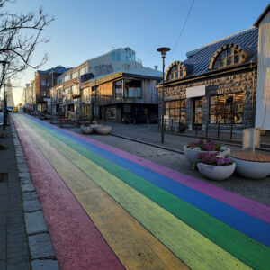 Street painted like a rainbow in Reykjavík, Iceland