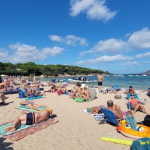 Busy beach with divers heading out for their 2nd dive